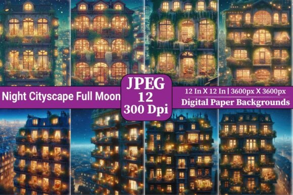 Download Night Cityscape Full Moon Digital Paper - Premium Resources