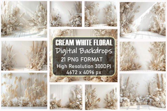 Download Cream White Floral Digital Backdrops - Digital backdrop Collection