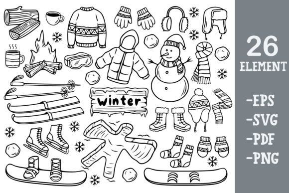 Download Winter Line Art Doodles Vector Set - Winter Collection