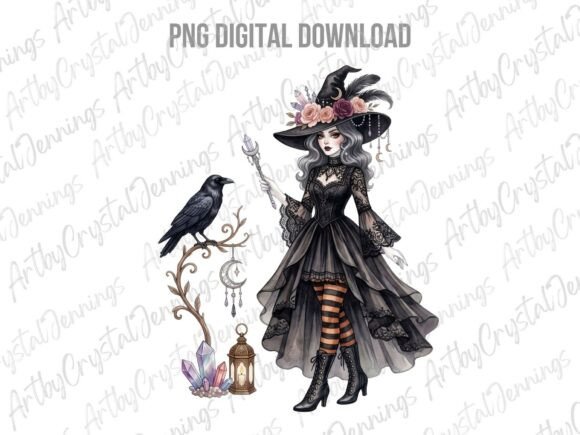 Download Gothic Halloween Witch with Raven PNG - Witch Collection